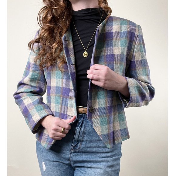 Vintage Union Made Plaid Oversized Cropped Blazer Jacket Coat Preppy Academia - Picture 8 of 8